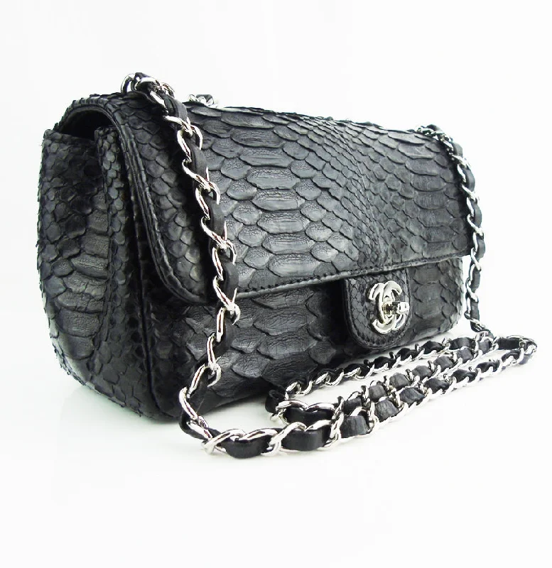 Chanel All - Match Handbag for Versatile StylingCHANEL black python exotic leather classic mini rectangular flap bag