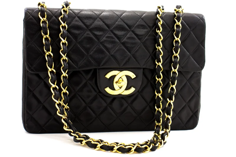 Chanel Designer Handbag with Unique DesignCHANEL Jumbo 13" Maxi 2.55 Flap Chain Shoulder Bag Black Lambskin d66