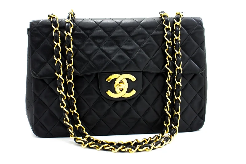 Chanel Luxury Handbag for High - End EventsCHANEL Classic Maxi 13" 2.55 Flap Chain Shoulder Bag Black Lamb h22