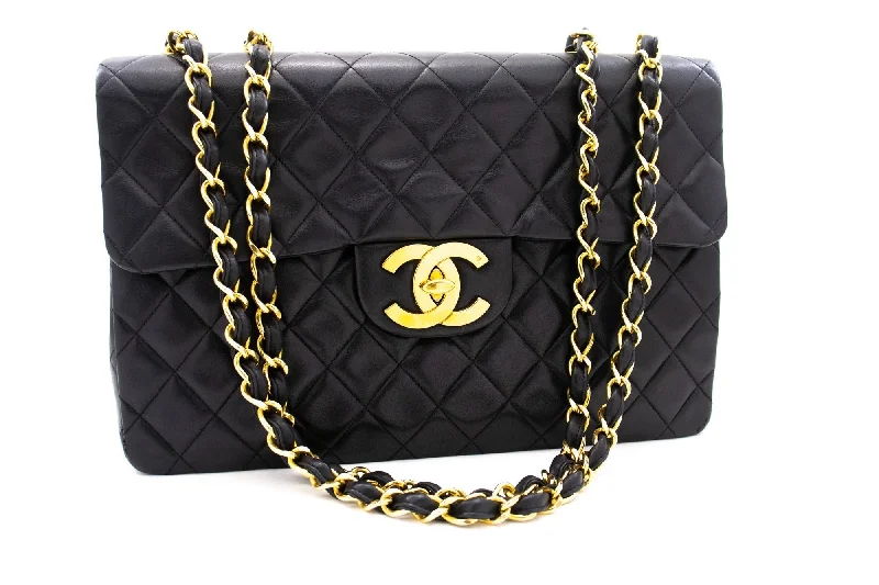 Chanel Classic Flap Bag for Evening PartyCHANEL Classic Large 13" Flap Chain Shoulder Bag Black Lambskin j74