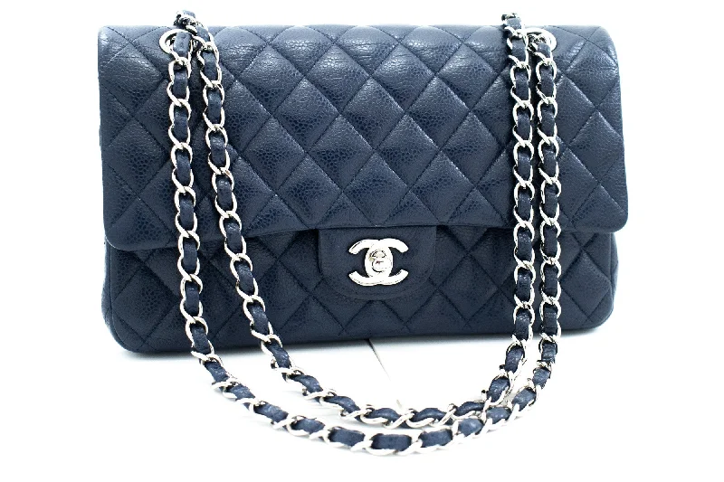 Chanel Vintage Inspired Handbag for Retro LoversCHANEL Navy Caviar Double Flap Chain Shoulder Bag Quilted Leather j44