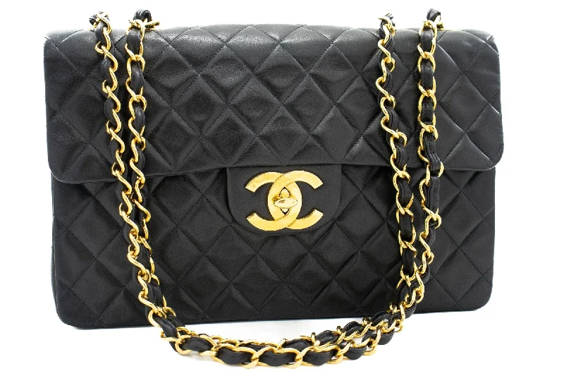 Chanel All - Match Handbag for Versatile StylingCHANEL Classic Large 13" Flap Chain Shoulder Bag Black Lambskin j82