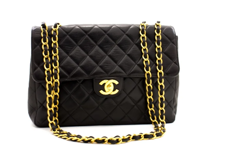 Chanel Limited Edition Handbag for CollectorsCHANEL Jumbo 11" Large Chain Shoulder Bag Flap Black Lambskin Gold f35