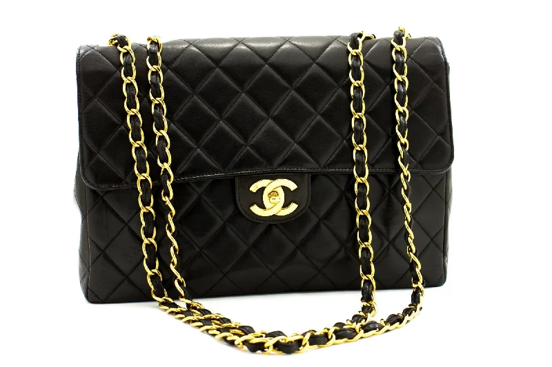 Chanel Handbag with Adjustable Strap for ComfortCHANEL Jumbo 11" Large Chain Shoulder Bag Flap Black Lambskin Gold f98