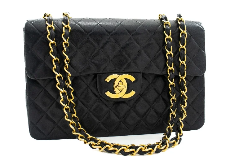 Chanel Luxury Handbag for High - End EventsCHANEL Classic Large 13" Flap Chain Shoulder Bag Black Lambskin j56