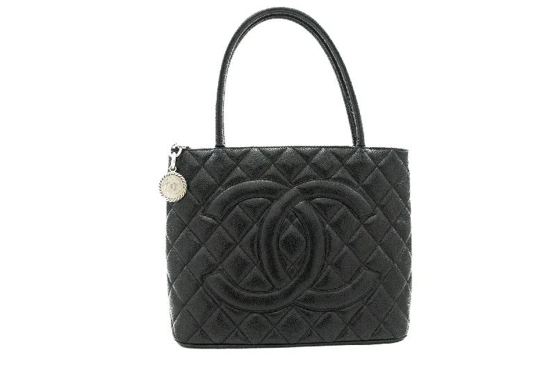 Chanel New Arrival Handbag with Gold HardwareCHANEL Silver Medallion Caviar Shoulder Bag Grand Shopping Tote i75