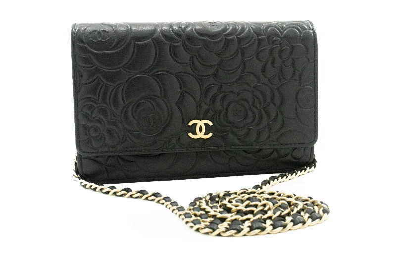 Chanel Luxury Handbag for High - End EventsCHANEL Black Camellia Embossed Wallet On Chain WOC Shoulder Bag k53