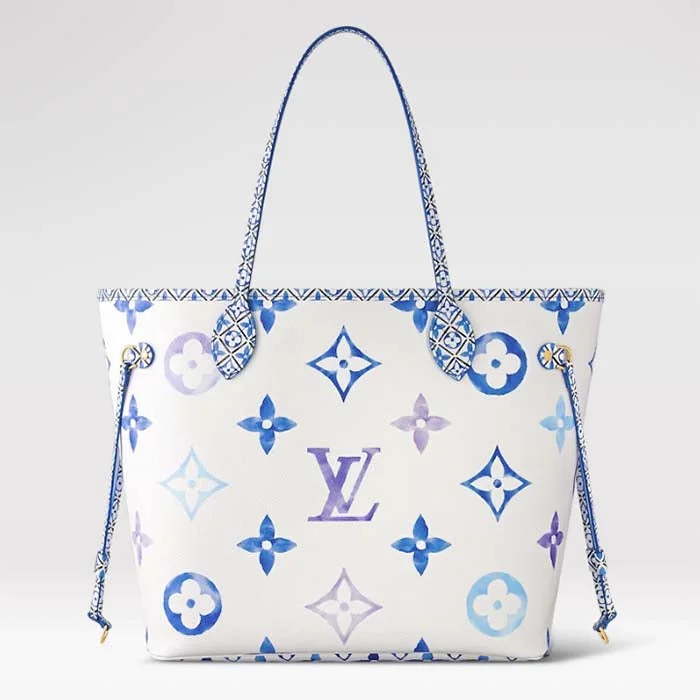 Louis Vuitton bags with a magnetic snap closure for easy accessLouis Vuitton LV Unisex Neverfull MM Blue Monogram Coated Canvas Textile Lining