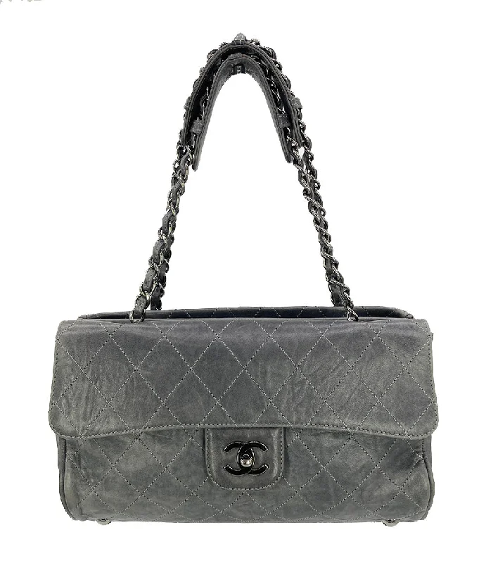 Chanel Designer Handbag with Unique DesignChanel Gray Distressed Leather Quilted Classic Flap