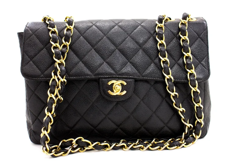 Chanel Colorful Handbag for Spring OutfitsCHANEL Jumbo Caviar 11" Large Chain Shoulder Bag Flap Black Quilt e23