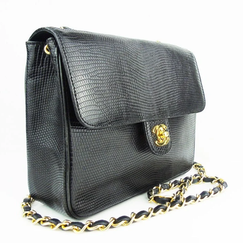 Chanel Black Handbag for Business MeetingsCHANEL black lizard exotic leather flap bag - vintage