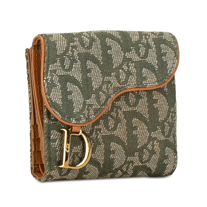 Christian Dior bags with a quilted pattern and gold - toned hardwareDior Trotter Saddle Twin Fold Wallet Green Beige Canvas Leather  Dior