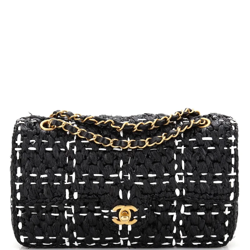 Christian Dior handbags with a snap - button closure and a decorative buckleCC Chain Flap Bag Tweed Effect Braided Raffia Medium